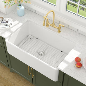 33 Inch White Farmhouse Sink Solid Fireclay | 33"x20"x10" Larger Apron Front Farm House Farmer Style Sinks, Easy to