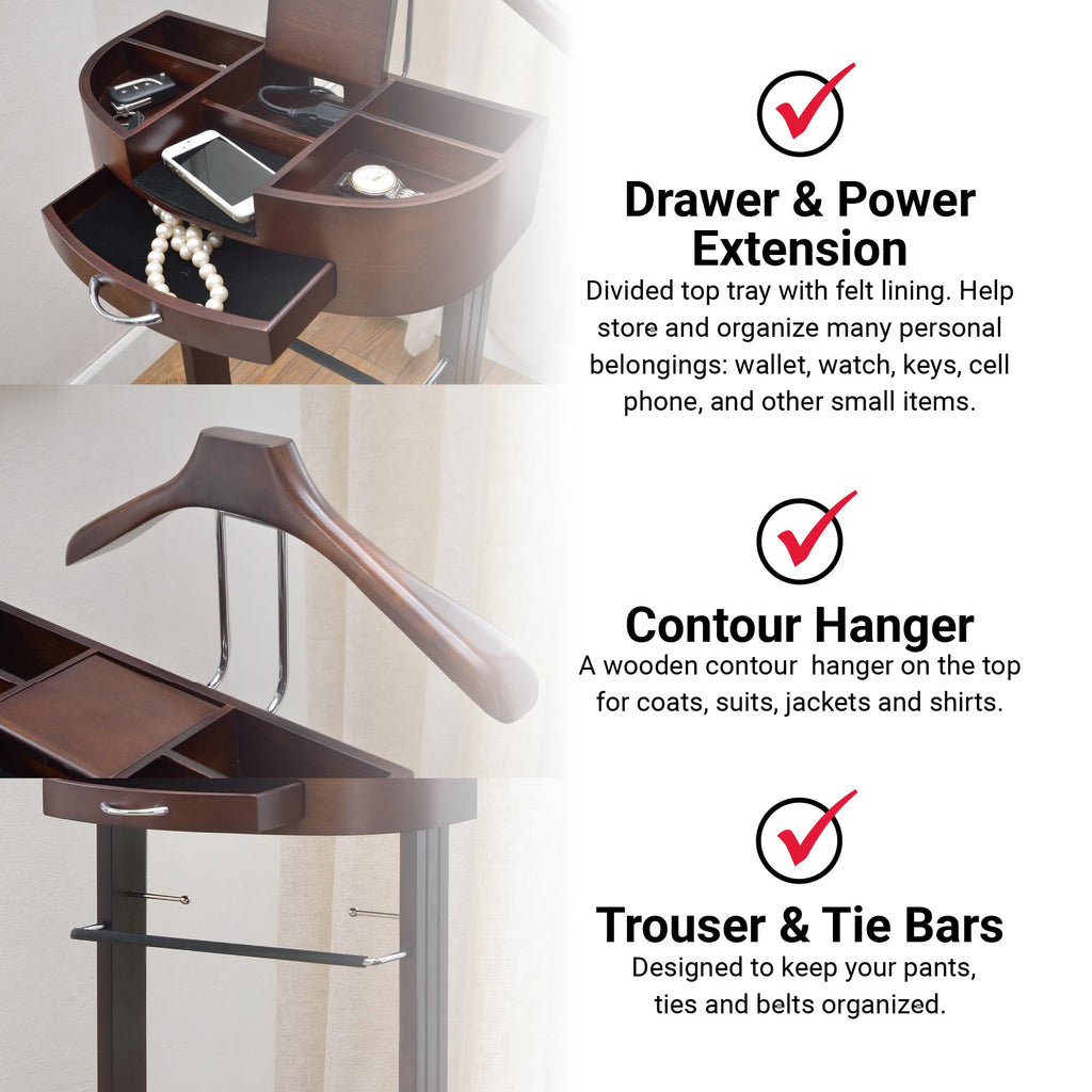 Products - Crescent Moon Valet, Mens Valet Stand with Drawer, Top Tray, Contour Hanger, Trouser Bar, Belt Hooks &