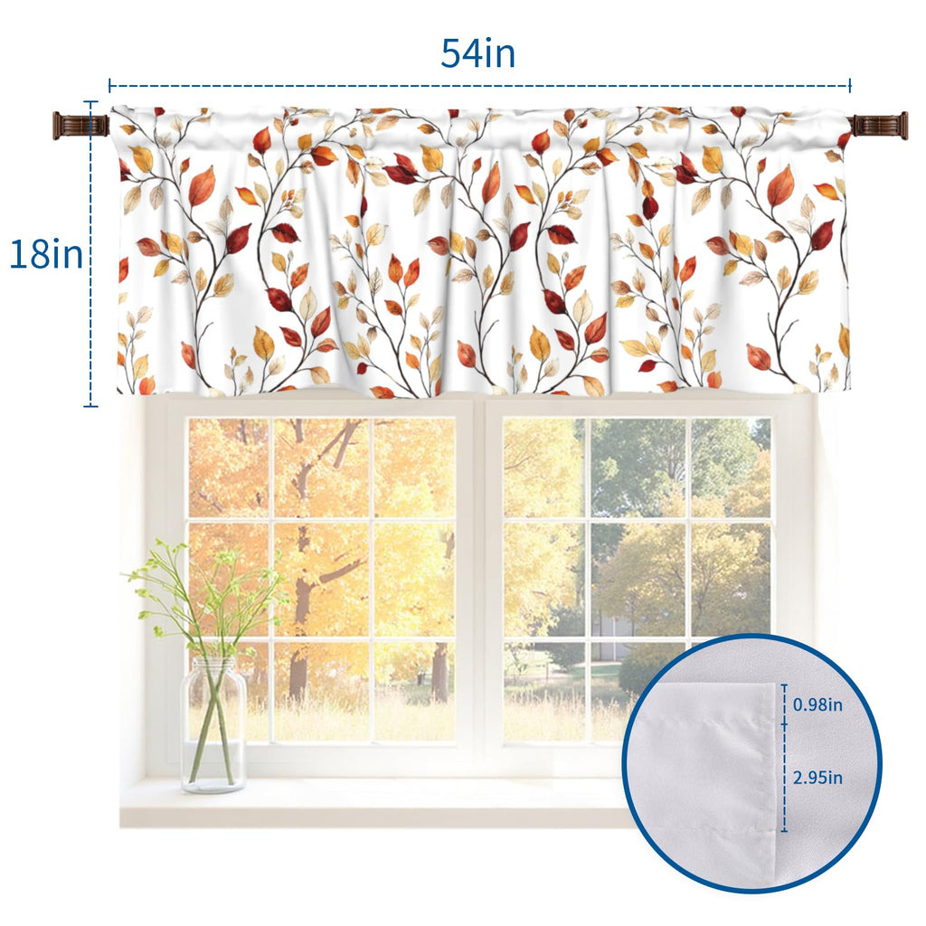 Fall Valances for Windows Brown Eucalyptus Leaves Print Kitchen Curtain Farmhouse Rustic Widow Valance with Rod