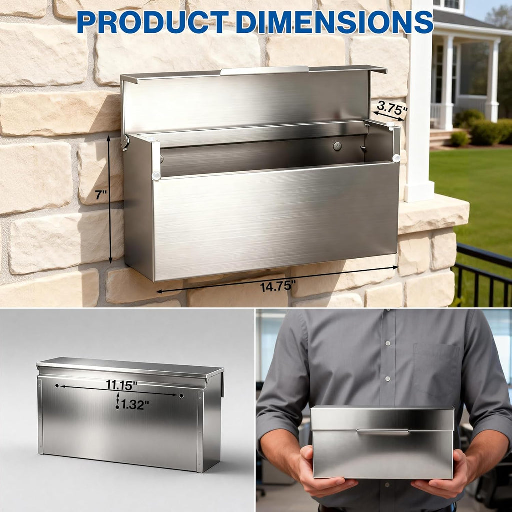 Rainproof Stainless Steel Mailbox for Walls, Heavy Duty Wall Mounted Mailbox (2)