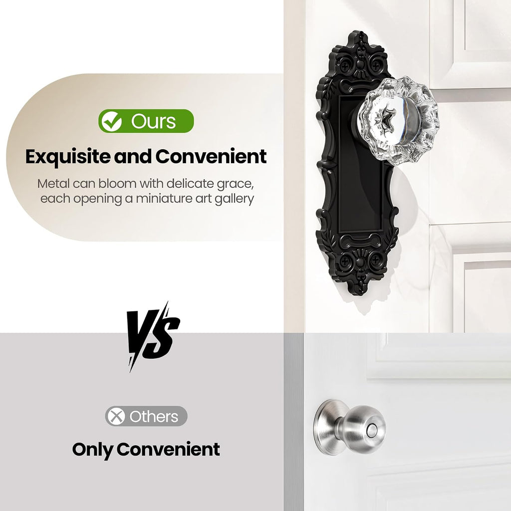 2 Pack Antique Crystal Glass Dummy Door Knobs Interior, Matte Black