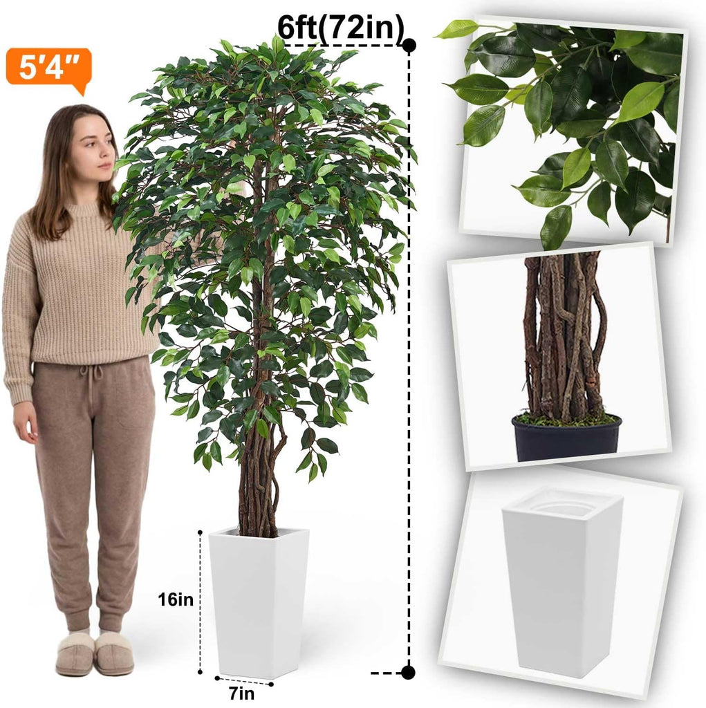 6ft Artificial Ficus Tree Decor with White Pot, 6 Feet Faux Plant Fake Silk Trees Outdoor House Living Room Office