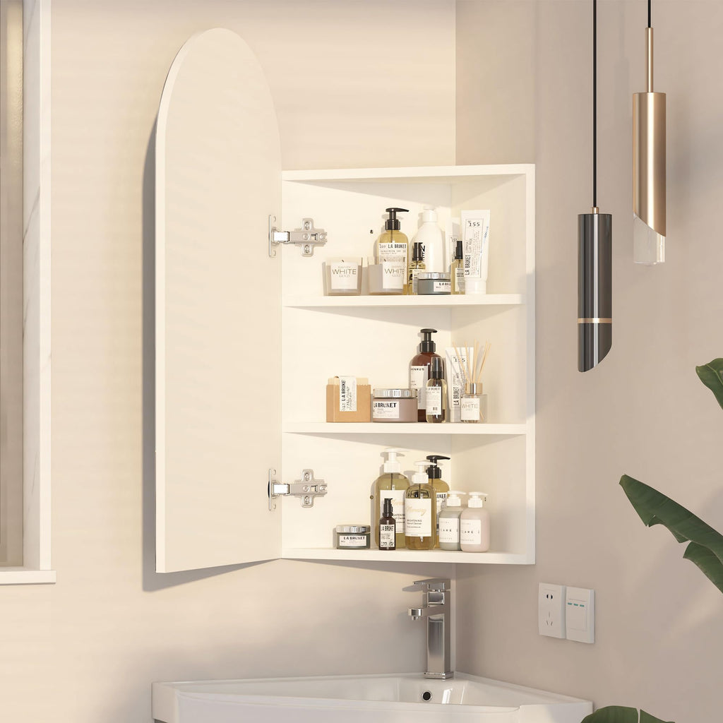 White Arched Corner Medicine Cabinet with Mirror, 16x31