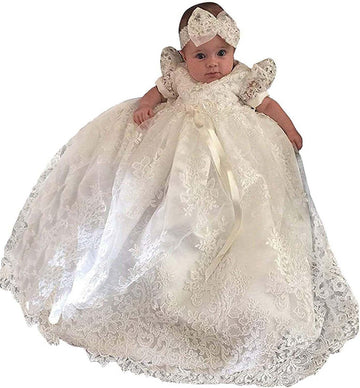 Pretty headband lace long Christening Baptism Dress for baby girl
