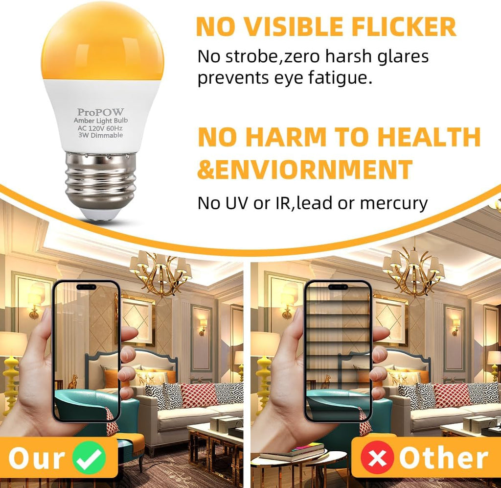 1800K Amber Sleep Light Bulbs - Blue Light Blocking, Dimmable A15 E26 LED Bulbs (3W, 25W Eqv) for Healthy Sleep