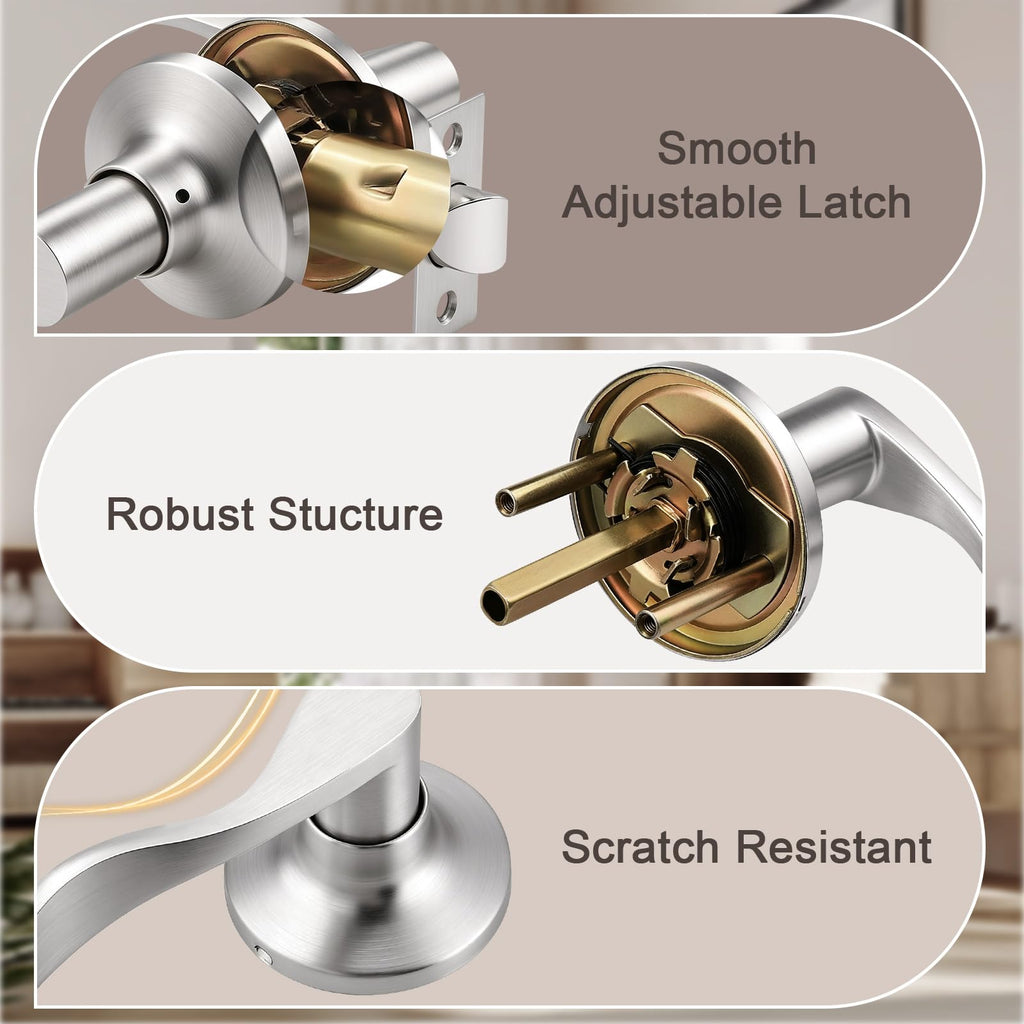 1 Pack Satin Nickel Modern Interior Passage Door Knobs, Keyless Door Handle & Closet, Wave Style Non-Locking Door