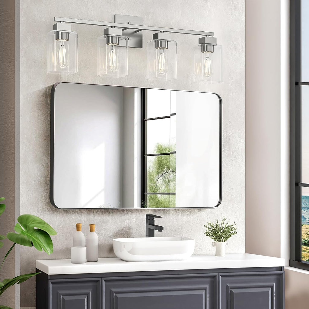 4 Light Bathroom Vanity Light - Brush Nickel Matte Vanity Lights Square Design & UL Certification & Square 26" Silver