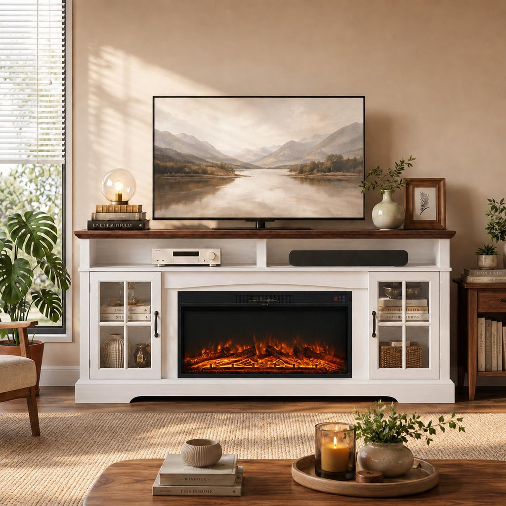 80" Fireplace TV Stand, Modern Entertainment Center for TVs Up to 80", TV Console with Storage Cabinets, Media