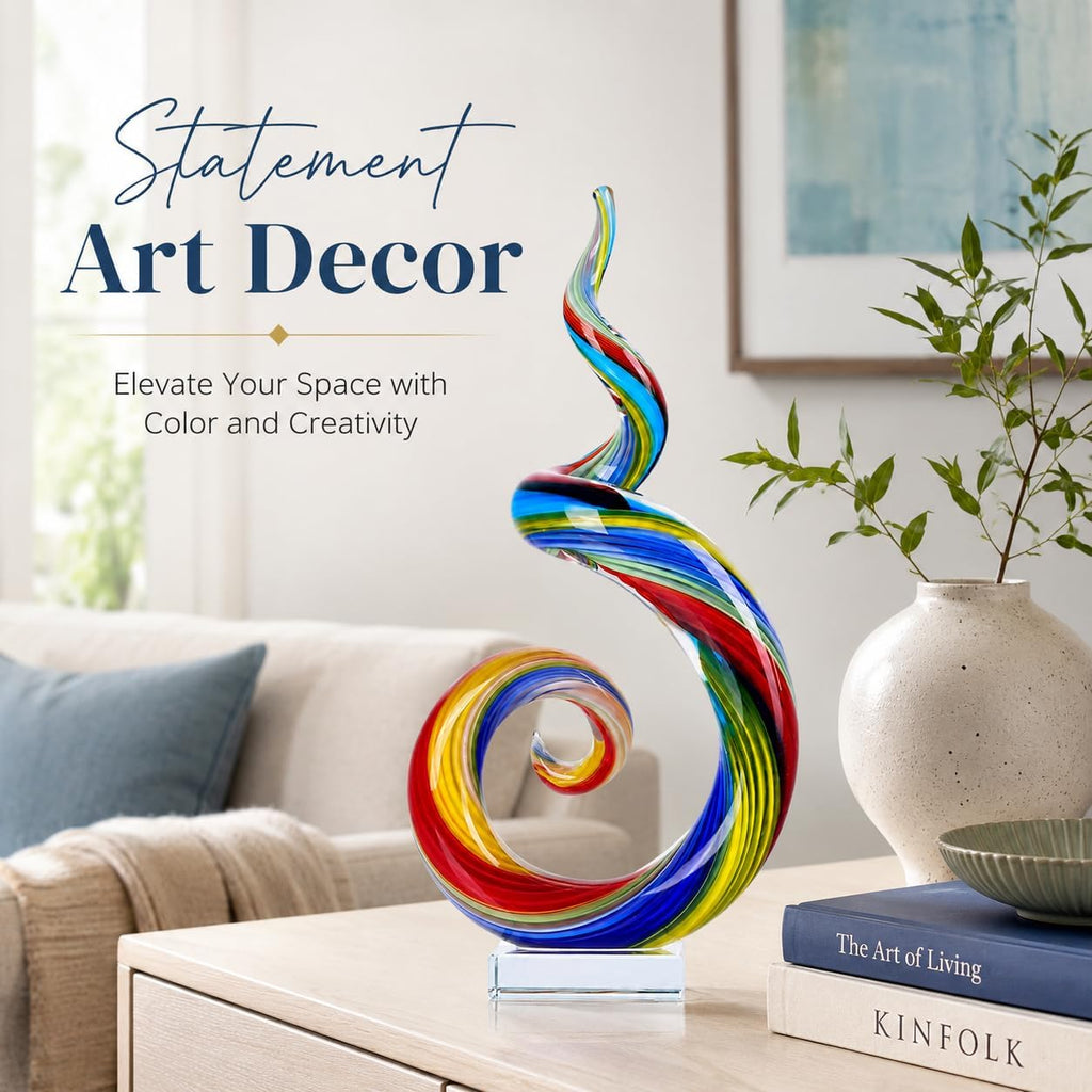 13.7" Colour Hand-Blown Art Glass Sculpture,Abstract Rainbow Swirl Style Sea Glass Statue and Figurine,Coastal Ocean