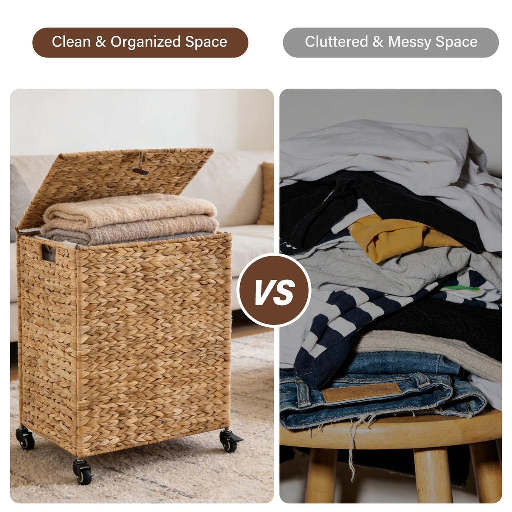 Hand-Woven Natural Water Hyacinth Laundry Basket with Wheels