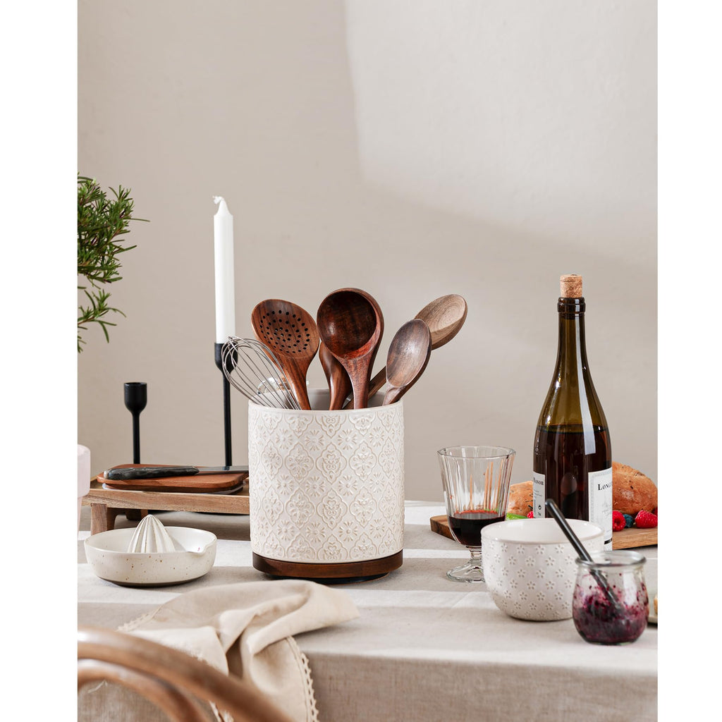 Kitchen Utensil Holder, 360° Rotating Extra Large Ceramic Utensil Holder with Embossed Pattern, 7.3" Cooking Utensil