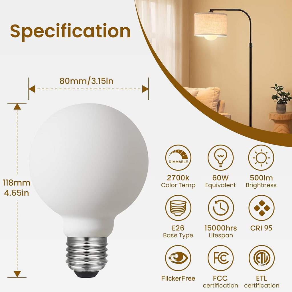 LED Light Bulb G25/G80 Dimmable Flick-Free Matt Porcelain White 120V 6W 2700K CRI95 High Color Accuracy Light Globe