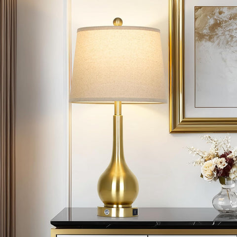26" Gold Table Lamp Single, Touch Control Bedside Lamp, 3-Way Dimmable End Table Lamp with USB Charg