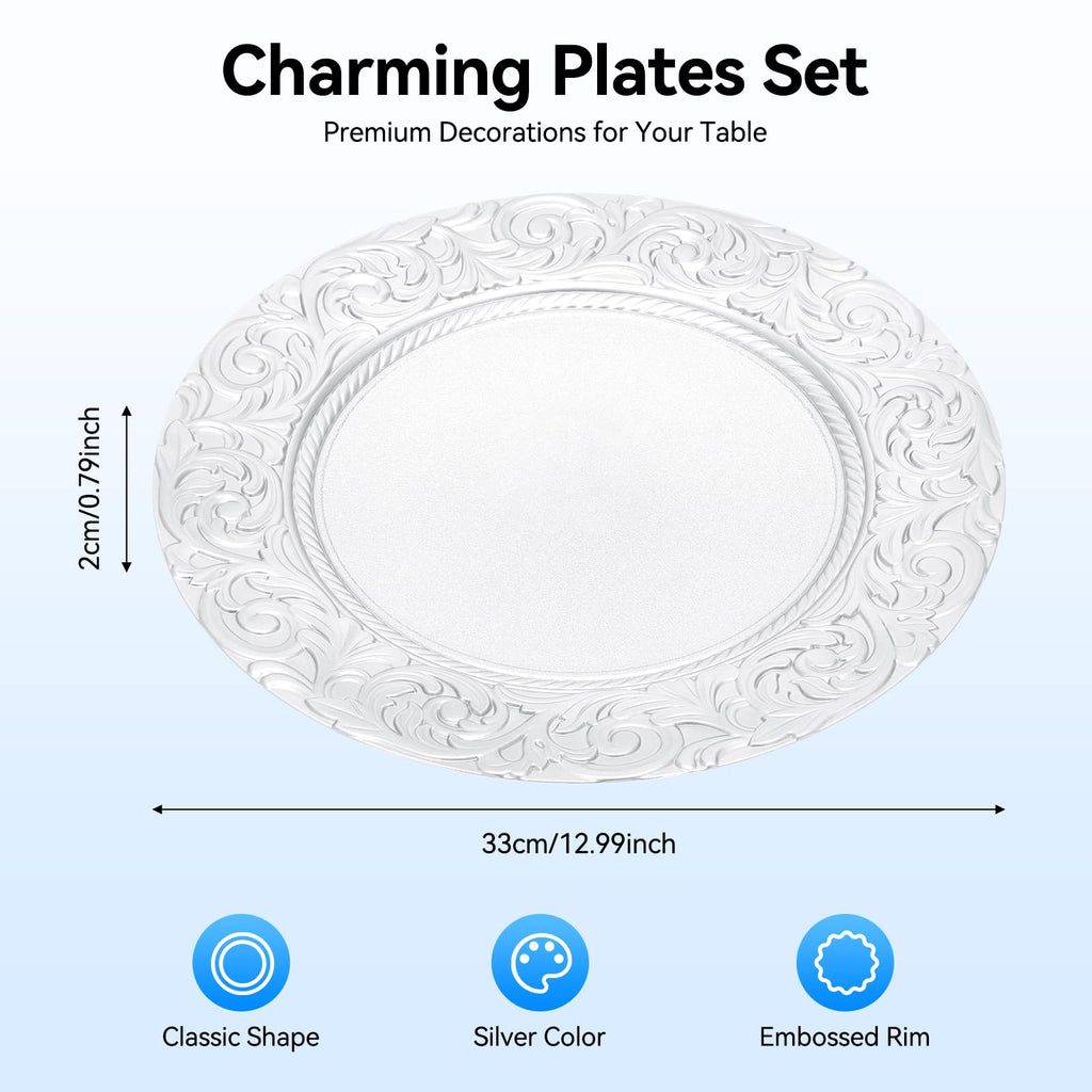 150 Pcs Antique Charger Plates Bulk Round Plastic Dinner Plate Embossed Rim Server Plate Decorative Chargers Floral