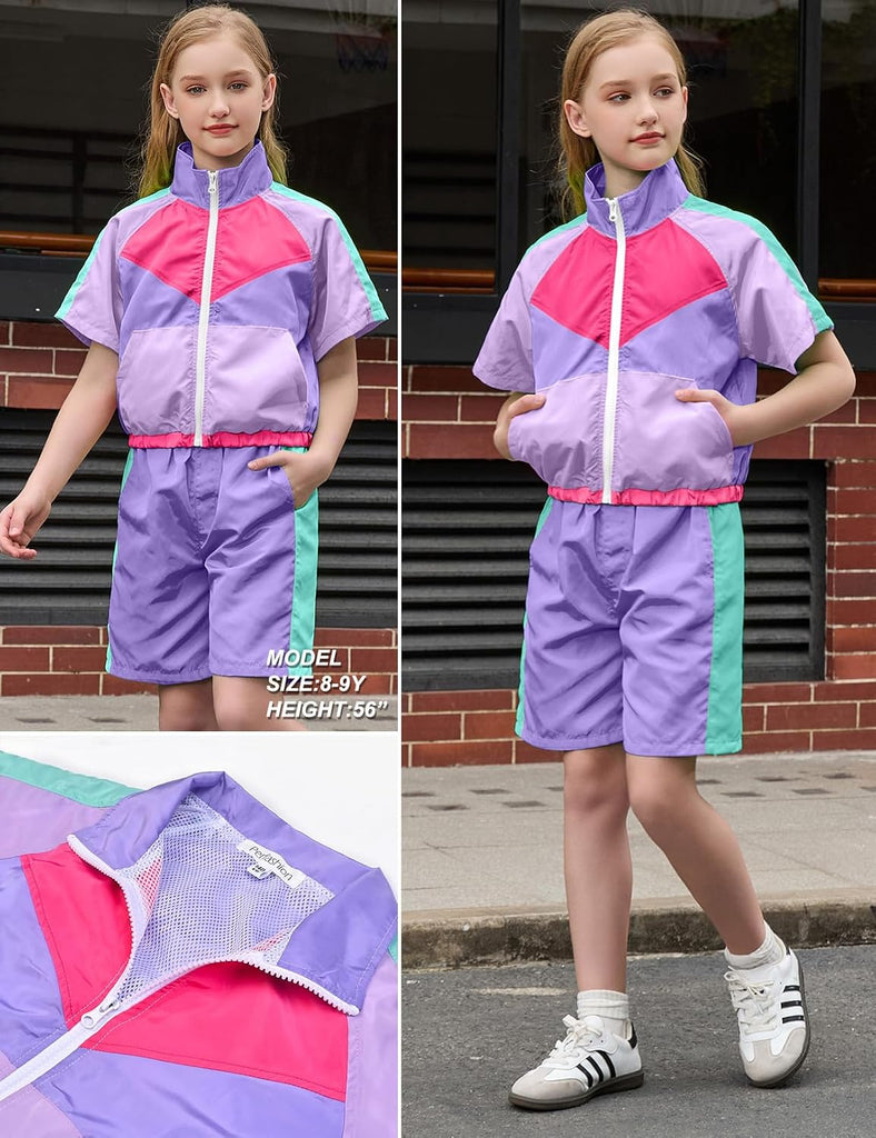 Girls Summer 2 Piece Outfits 80s 90s Tracksuit Windbreaker & Short Sets Hip Hop Dance