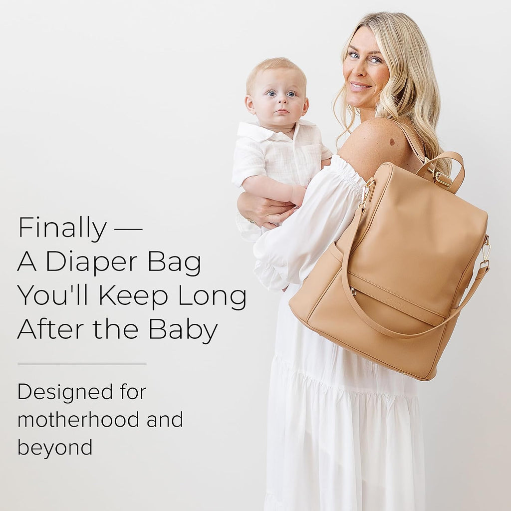 Leather Diaper Bag Backpack with USB Charging port, Changing Pad and Stroller Straps (Brown Mia)