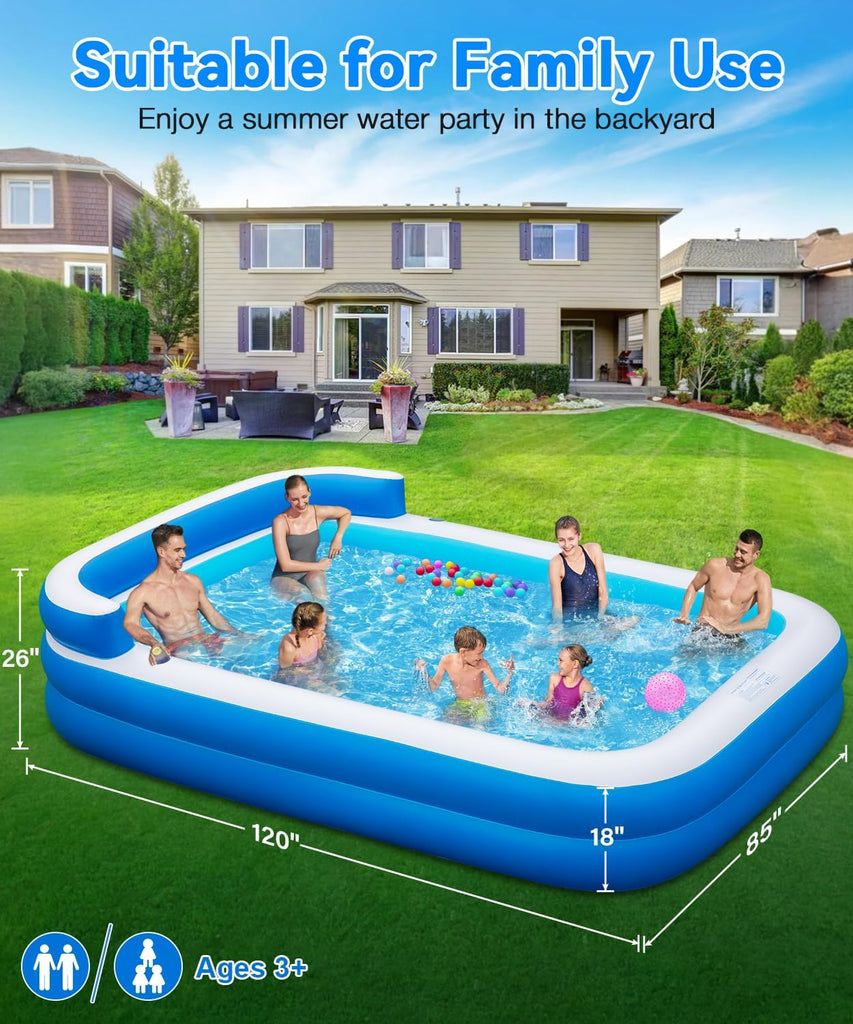 Large Inflatable Swimming Pool - 120" x 85" x 26" Blow Up Pool for Adults and Kids with Seat & Air Pump, for Backyard