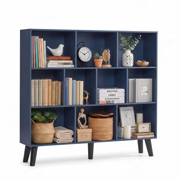 10 Cube Bookshelf, 3 Tier Bookcase with Legs, Dark Blue Mid-Century Modern Bookshelves, Large Free Standing Open Storage