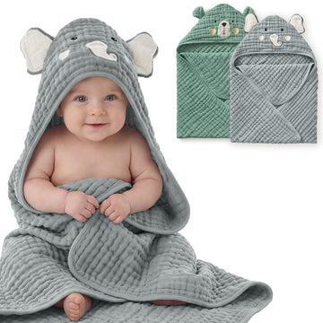 Muslin Baby Hooded Towel 2 Pack, Soft & Absorbent Bath Towel for Infant, Toddler, Unisex, Baby Gift, Newborn