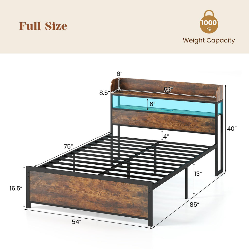 Bed Frame with Storage Headboard, Metal Platform Bed w/LED Light & Charging Station, Heavy Duty Slat