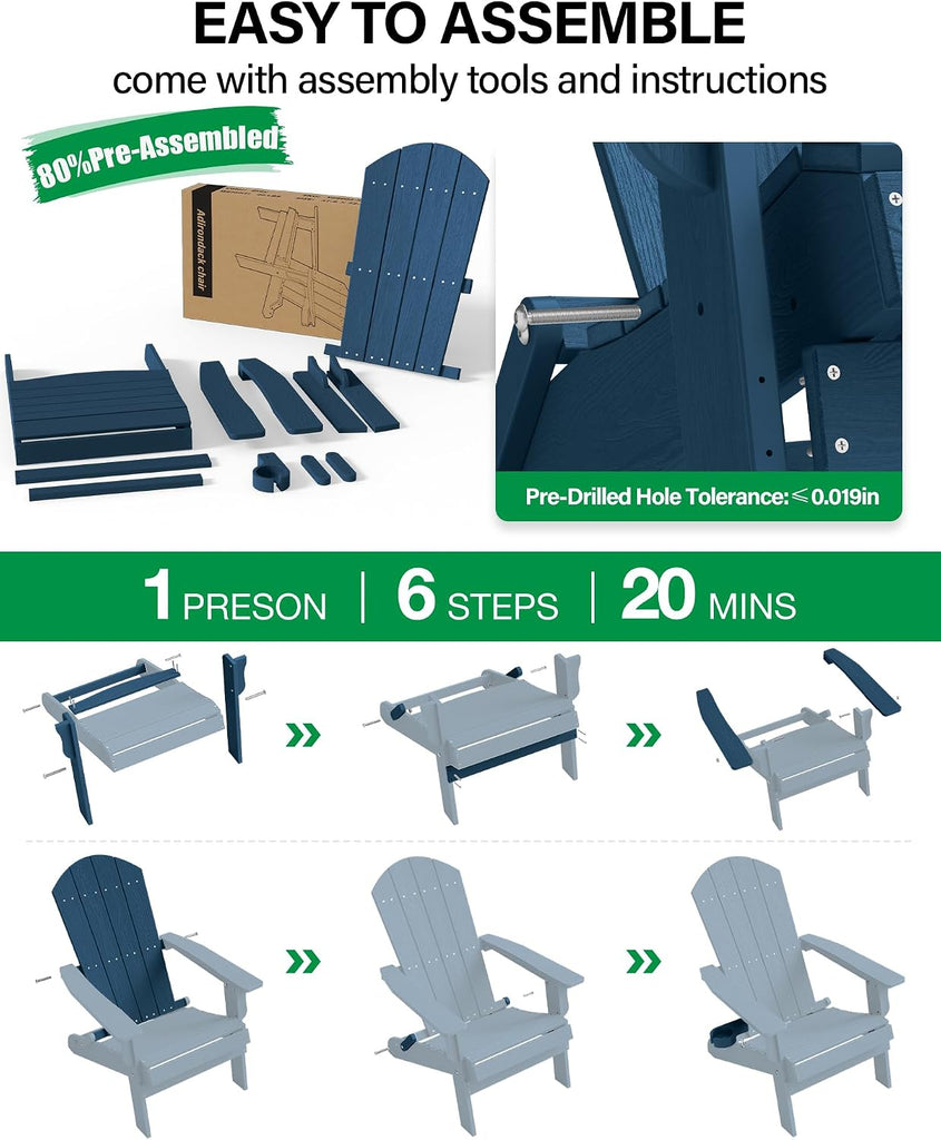 Oversized Plastic Adirondack Chair - Navy Blue | Folding Outdoor Chairs with Cup Holder, Weather Resistant for