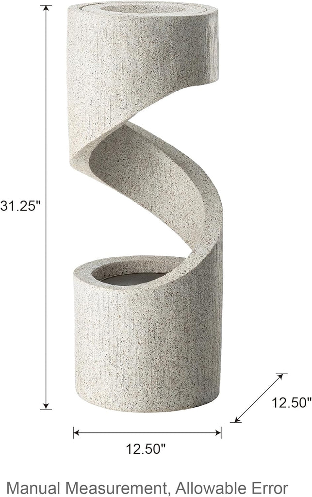 Outdoor Water Fountain with LED Light, Decorative Tiered Curved Waterfall Fountain with Stone Planter, Faux Terrazzo