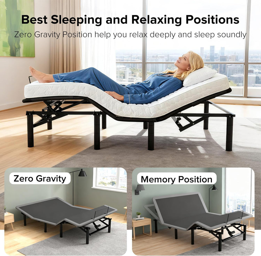 Queen Adjustable Bed Frame with Massage Head & Foot Incline, Wireless Remote, USB Ports & LED Night Light - Sturdy