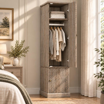 72" Wood Armoire Wardrobe Closet, Fluted, Narrow, Retro Gray
