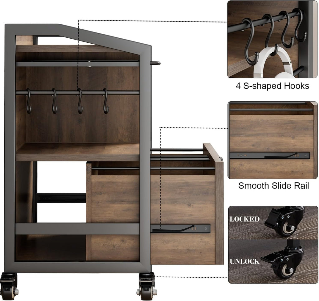 33 Inch Filing Cabinet ,Rustic Oak File Cabinet | Mobile Rolling Printer Stand with Storage Shelf with Drawer for