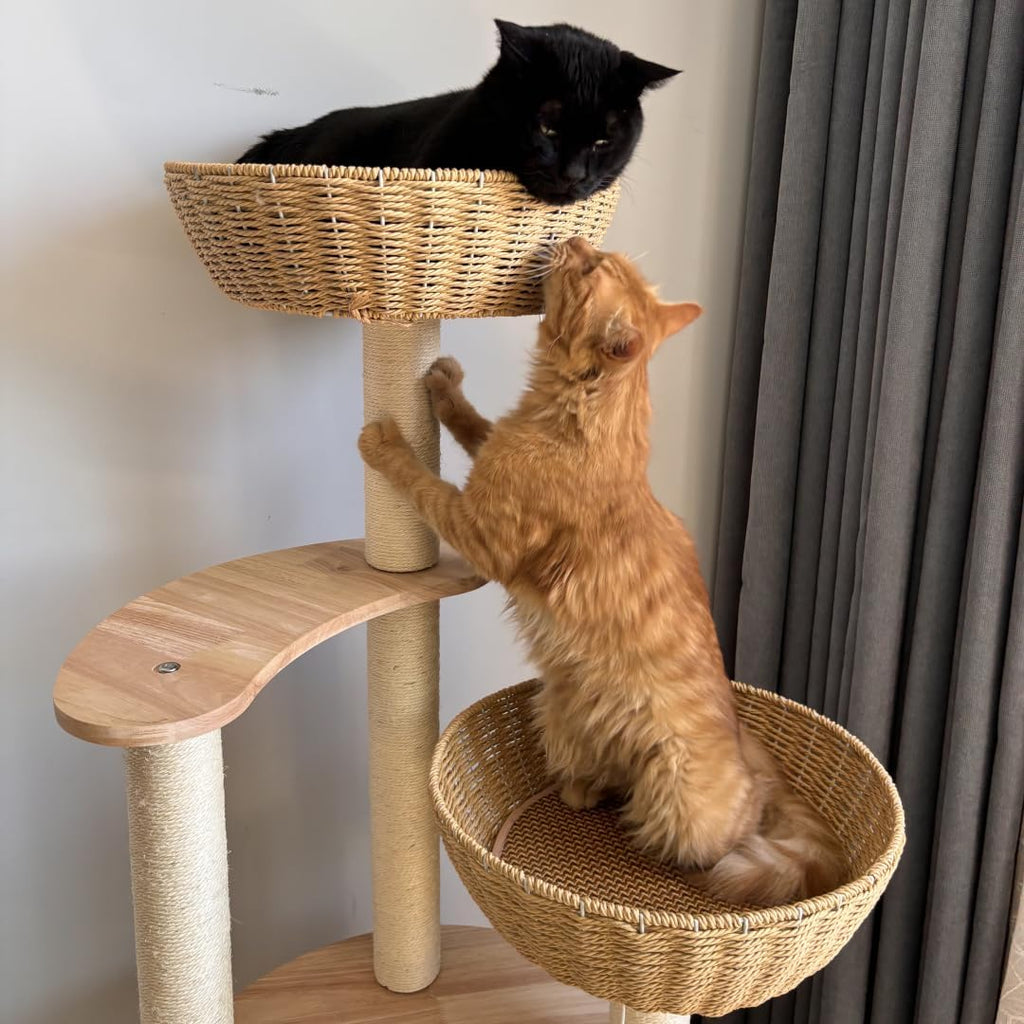 54" Large Modern Cat Trees, Luxury Rattan Oak Solid Wood Cat Trees Towers, 3 Weaving Cat Nests & Washable Cool