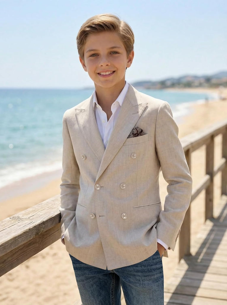 Kids Sport Coat for Boys Double Breasted Linen Casual Suit Jacket