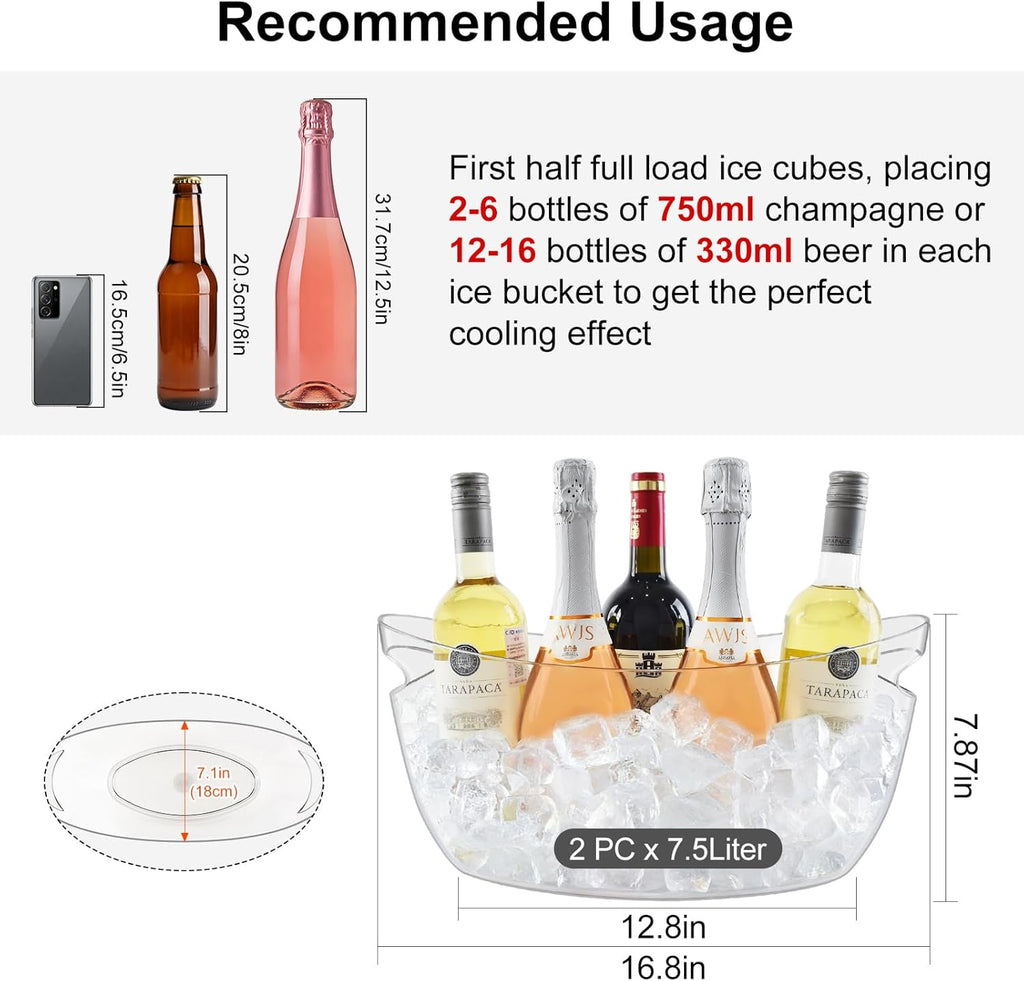 7.5L Ice Buckets for Parties, 2-Pack Clear Beverage Tub, Champagne Bucket - Set of 2