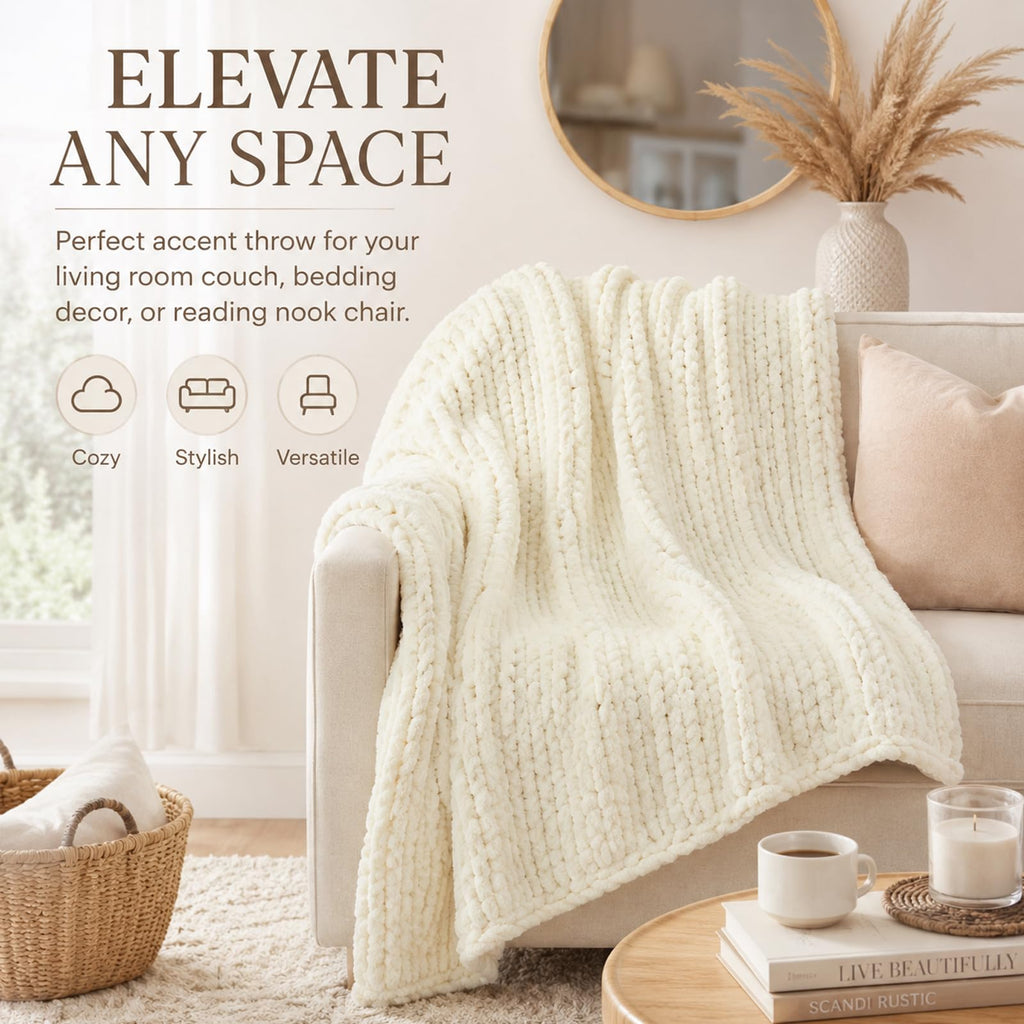 Luxury Chunky Knit Throw Blanket, Boho Chenille Cable Knit Blankets 50x60