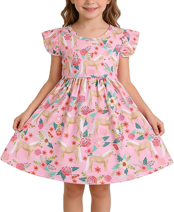 Toddler Girls Casual Dress Farm Animal Horse Print Dresses Flutter Sleeve Clothes