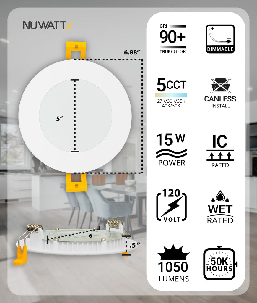 Canless Recessed Lighting 6 Inch, 2700K-5000K, Dimmable, ETL, 6 Pack