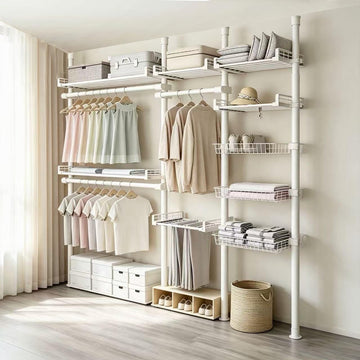 Adjustable Storage Rack, No Drilling Floor Standing Closet Organizer, White