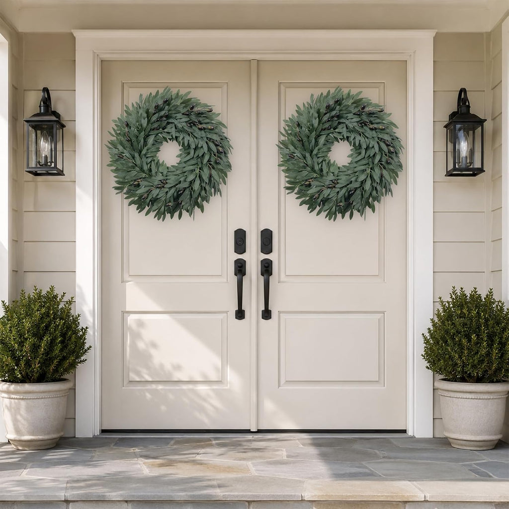 22 Inch Olive Wreath for Front Door, Spring Summer Wreaths for Front Door with Faux Grapevine Base, Artificial