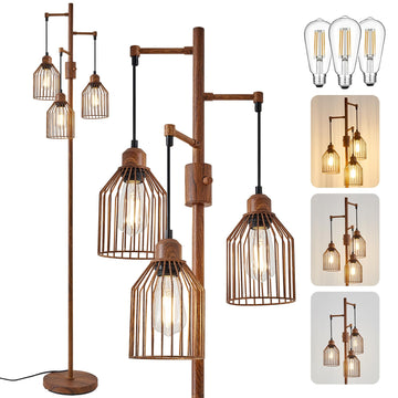 Dimmable Industrial Floor Lamp with 3 Cage Heads, Wood Grain Tree Standing Lamp with Stepless Dimming, Modern
