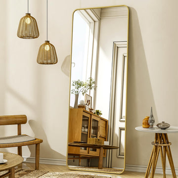 56"x21" Floor Full Length Mirror Standing Full Body Rounded Corner Rectangle Mirrors with Stand Hanging Wall Mounted