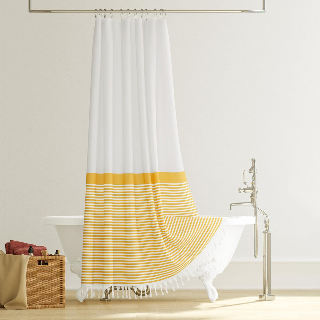 Extra Long Shower Curtains, 96 Inch Long Farmhouse Boho Yellow Striped Fabric Tassel Shower Curtains, Tall Bohemian