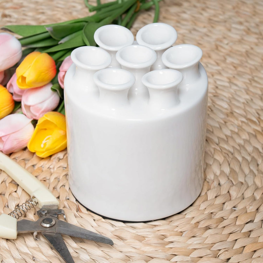 Large Ceramic Vase Modern Cylinder Design with 7 Flower Openings, Perfect Centerpiece