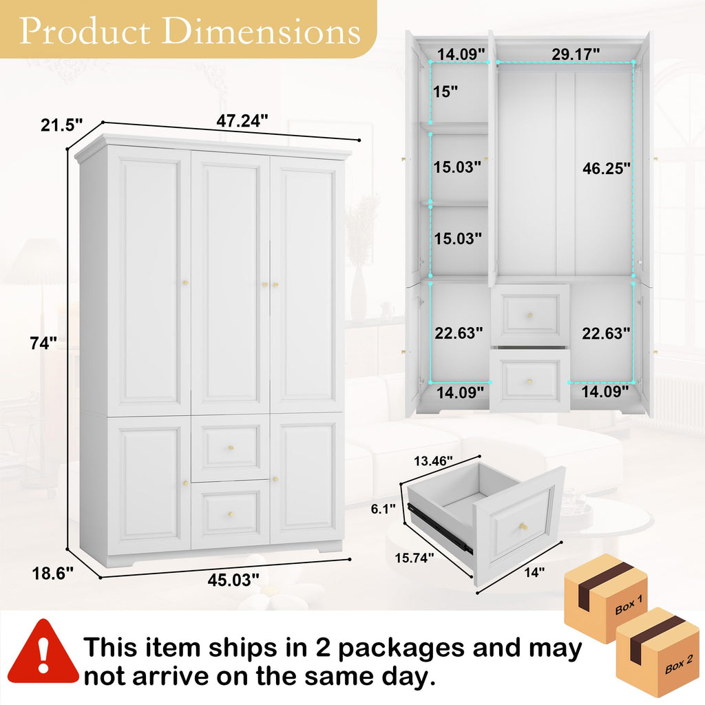 White Armoire Wardrobe Closet with 2 Drawers: 75" H x 47" W