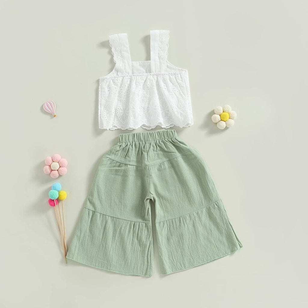 Toddler Baby Girls Summer Outfit Sleeveless Lace Trim Tank Tops and Wide Leg Pants Clothing Sets
