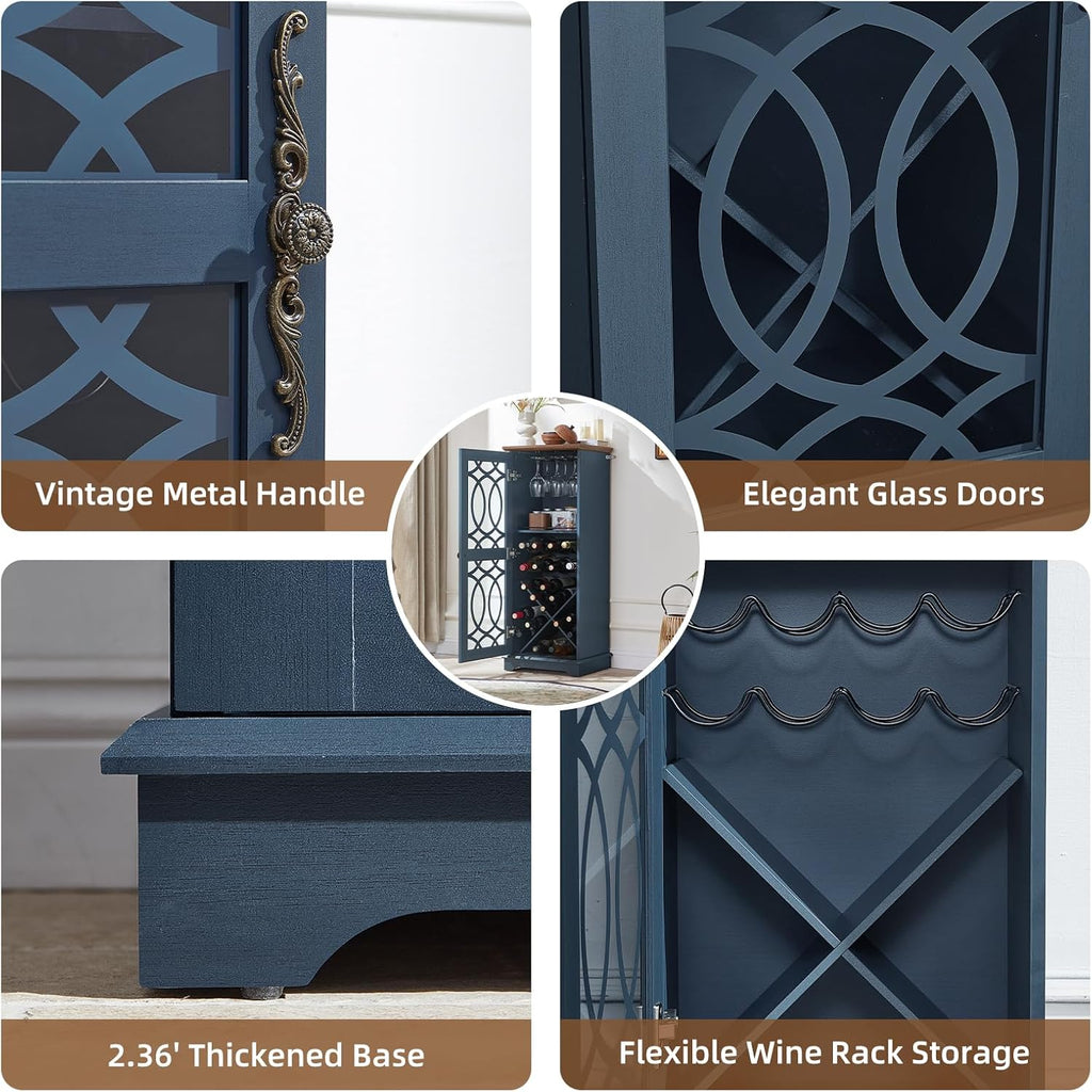 Wine Bar Cabinet with Glass Door, 43" Blue Liquor Cabinet | Wine Rack, Storage Shelf, Thick Base, Elegant Wood Grain