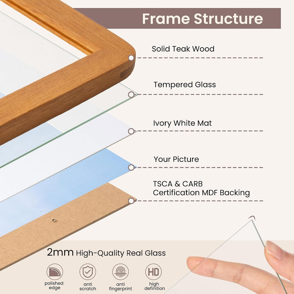 24x36 Poster Frame - Solid Teak Wood 24 x 36 Picture Frame, 24''x36'' Frame With Mat For 20x30, Tempered Glass and