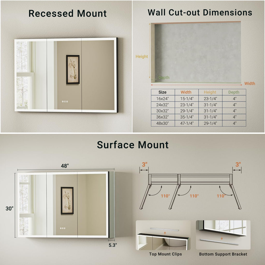 48x30 Black Medicine Cabinet with Lights, AL Alloy Frame, Plug-in/Hardwired, Recessed/Wall Mount, Anti-Fog, 3 Mirror