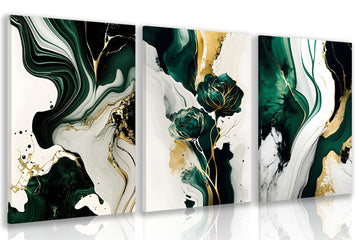 Wrapped Canvas Green Gold Fluid Abstract Wall Art Set of 3, 16x24 in
