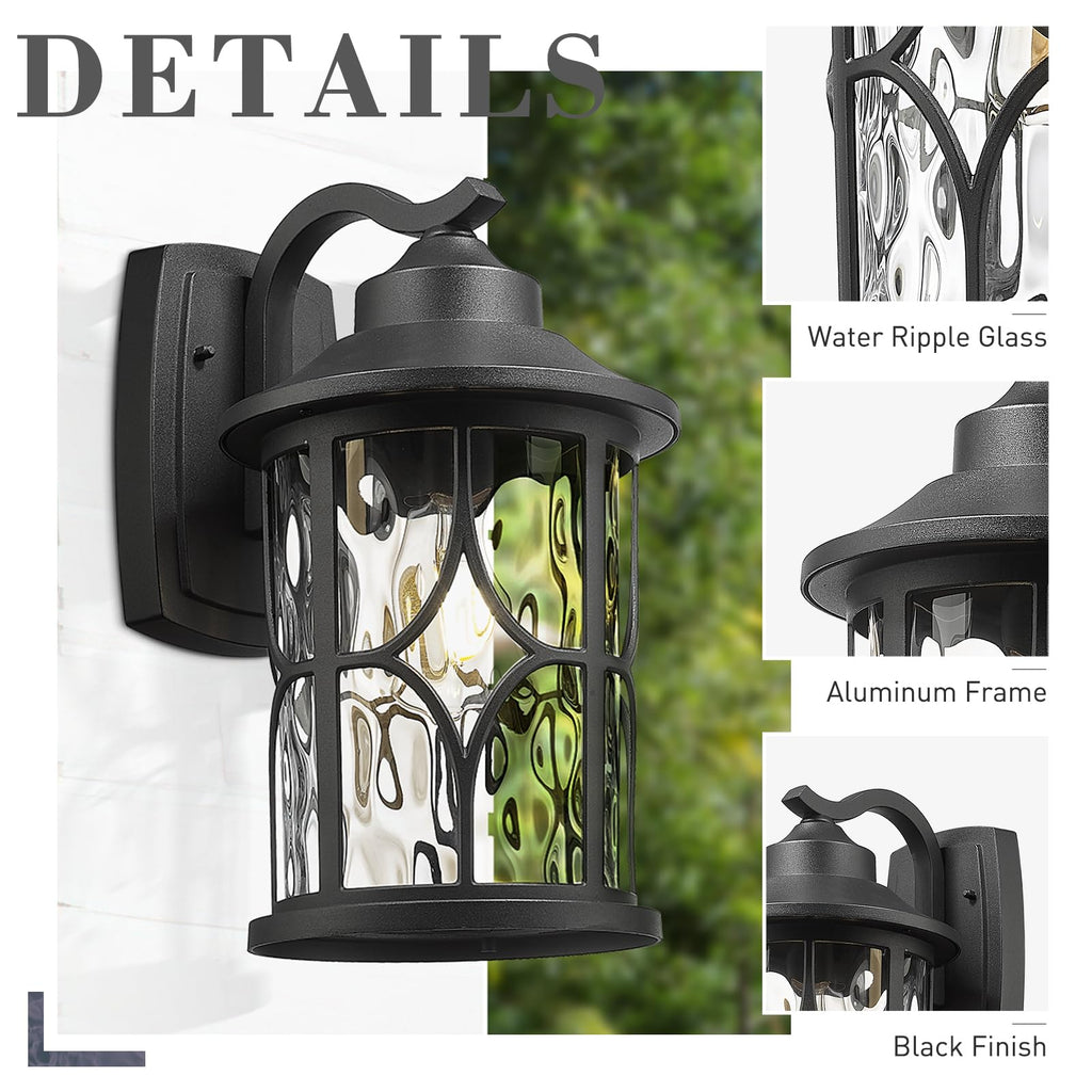 14.6 Inch Outdoor Porch Light, Farmhouse 1-Light Outdoor Wall Sconce, Die-Cast Aluminum in Black Finish, Clear Water