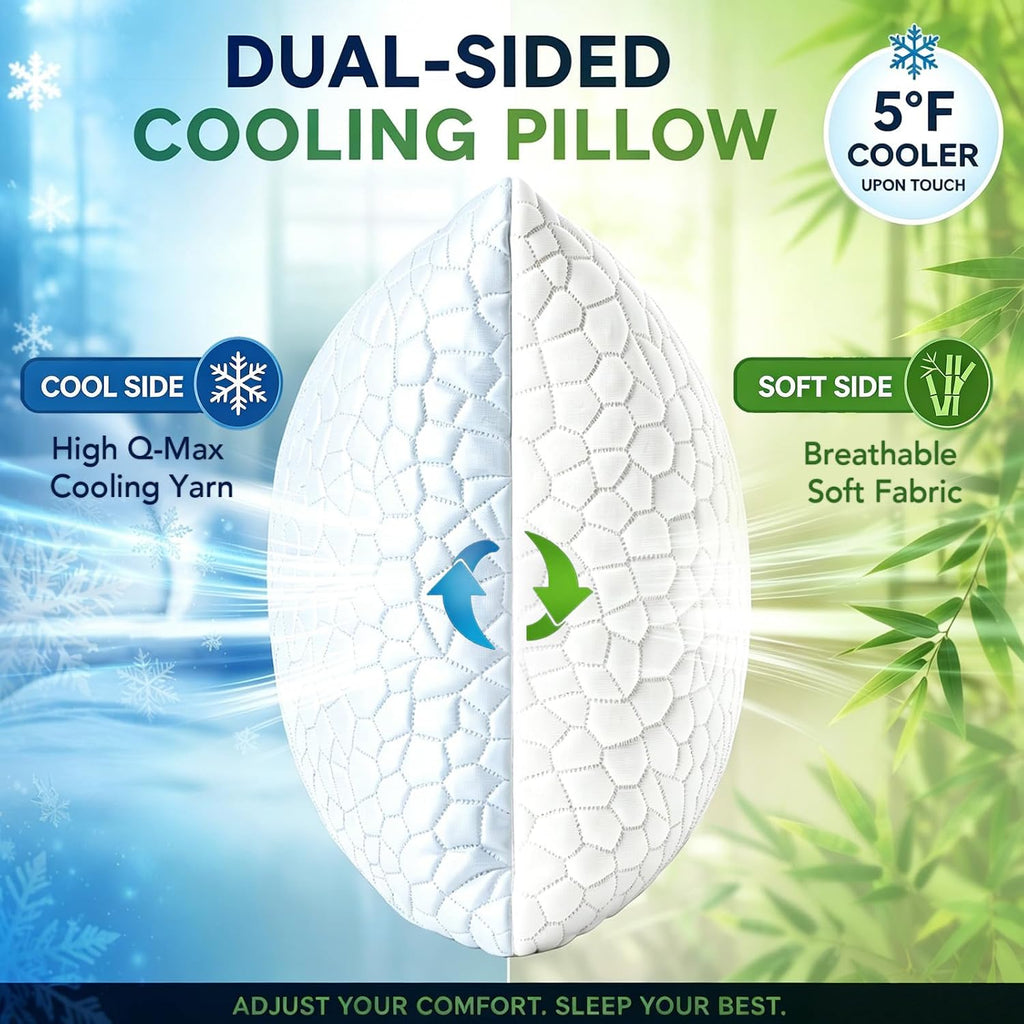 Cooling Pillow Queen Size Set of 2, CertiPUR-US Shredded Memory Foam Pillows for Sleeping, Cool Bed Pillows for Hot