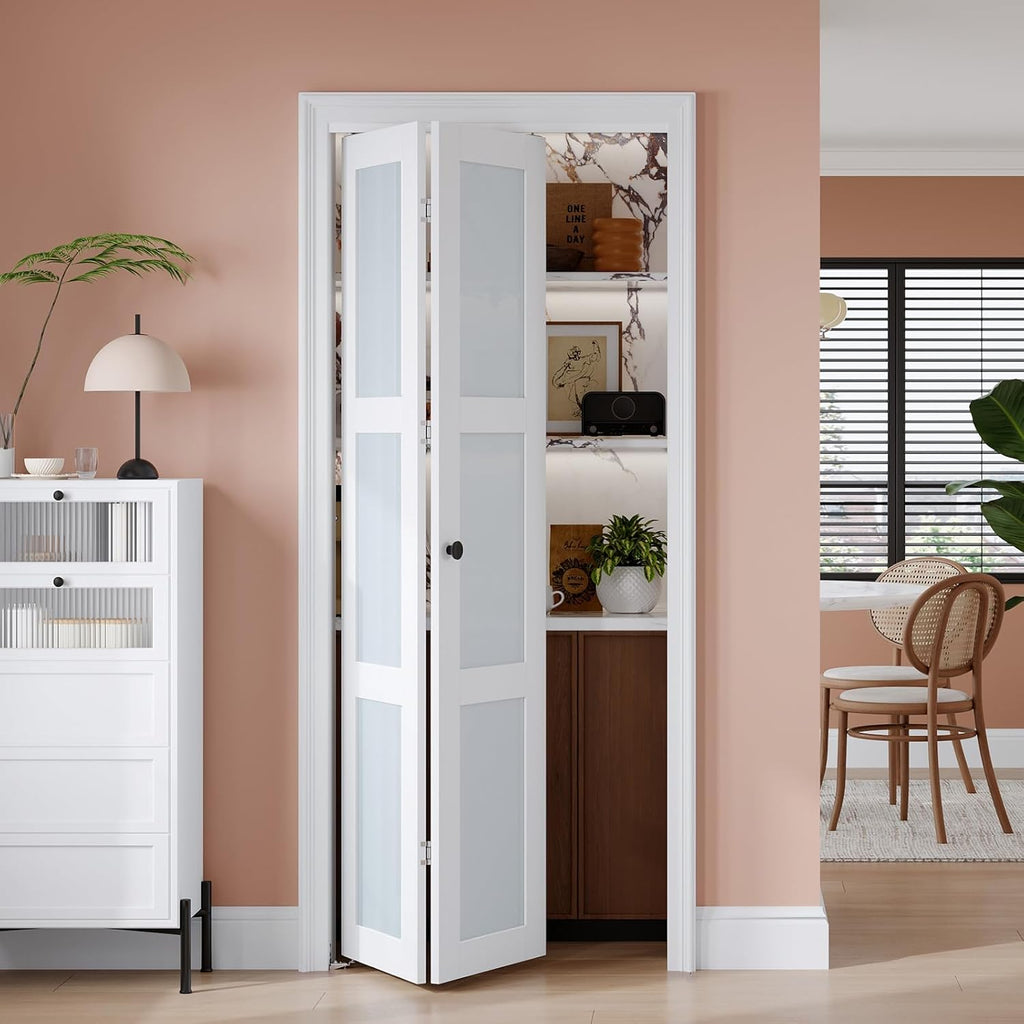 Preassembled Bi-Fold Doors, for 32"x 80" Opening,Tempered Frosted Glass Closet Folding Barn Door wit